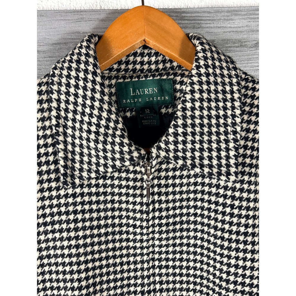 Lauren Ralph Lauren Womens 12 Houndstooth Worsted Wool Tweed Zip Blazer Vintage - Picture 2 of 12